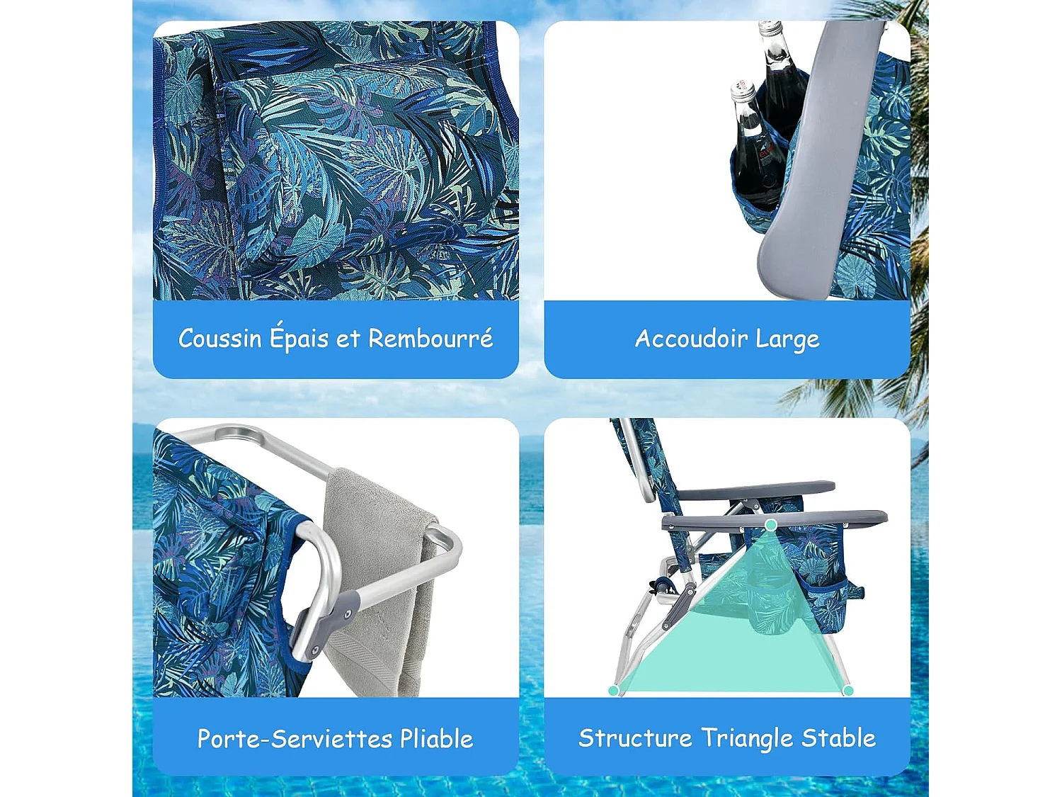 Lot de 2 Chaises de Plage Pliante avec Table Enroulable en Aluminium, Fauteuil de Jardin Inclinables à 5 Positions Charge Max 136 KG (Jaune+Bleu)