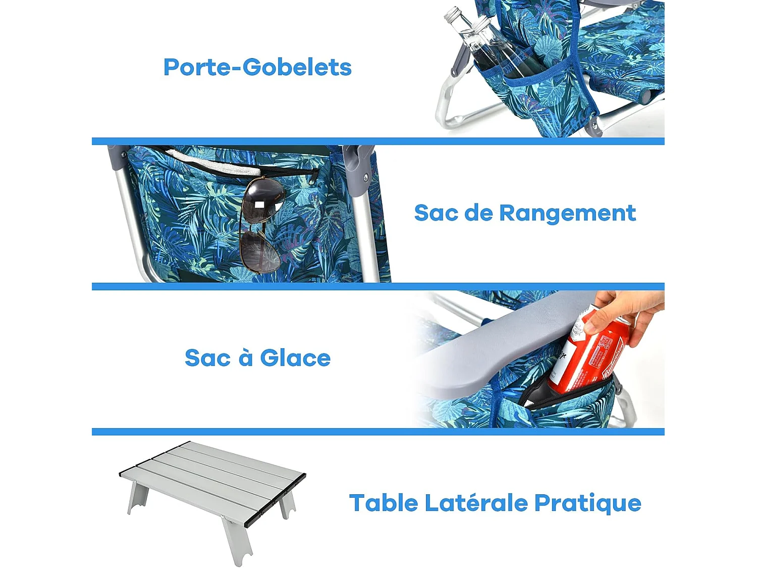 Lot de 2 Chaises de Plage Pliante avec Table Enroulable en Aluminium, Fauteuil de Jardin Inclinables à 5 Positions Charge Max 136 KG (Jaune+Bleu)
