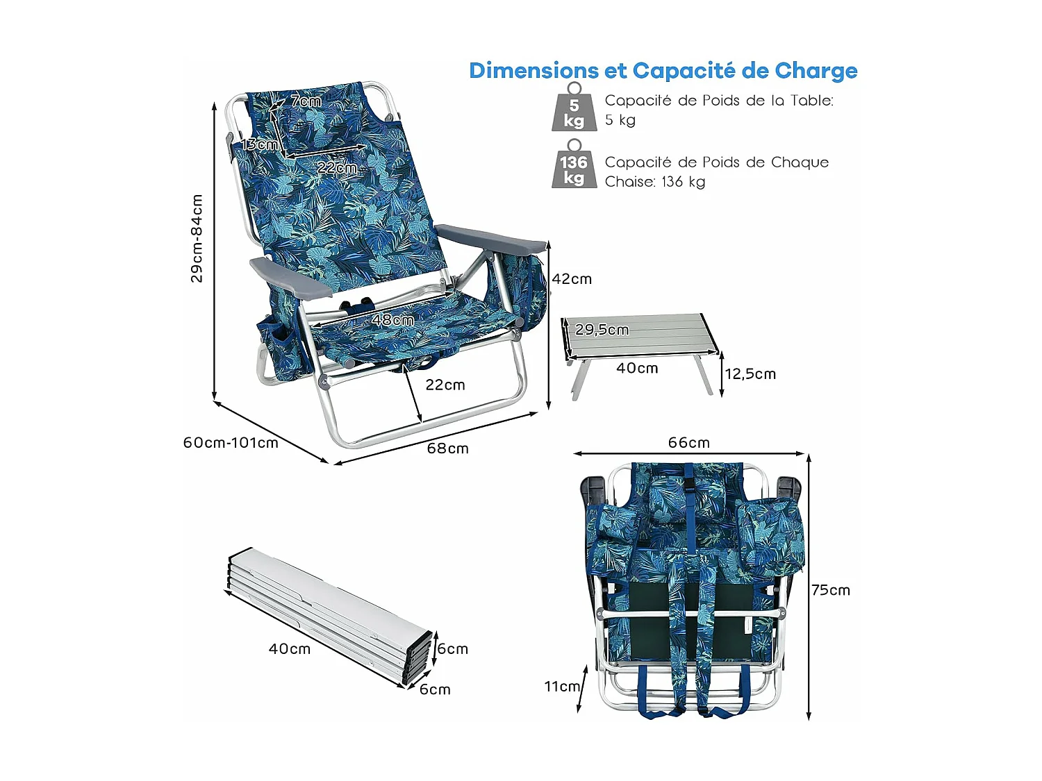 Lot de 2 Chaises de Plage Pliante avec Table Enroulable en Aluminium, Fauteuil de Jardin Inclinables à 5 Positions Charge Max 136 KG (Jaune+Bleu)