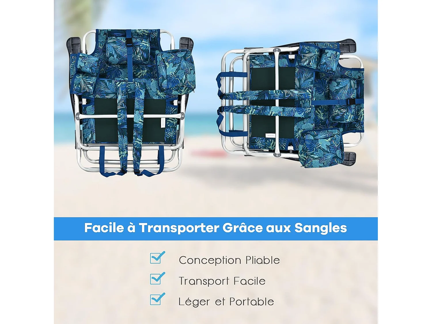 Lot de 2 Chaises de Plage Pliante avec Table Enroulable en Aluminium, Fauteuil de Jardin Inclinables à 5 Positions Charge Max 136 KG (Jaune+Bleu)