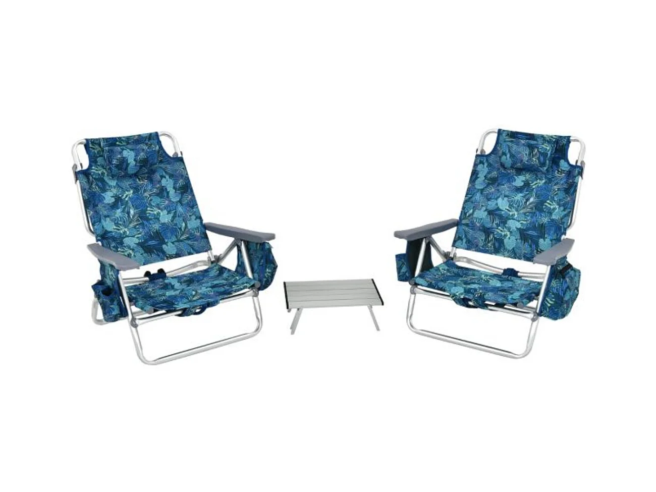 Lot de 2 Chaises de Plage Pliante avec Table Enroulable en Aluminium, Fauteuil de Jardin Inclinables à 5 Positions Charge Max 136 KG (Jaune+Bleu)