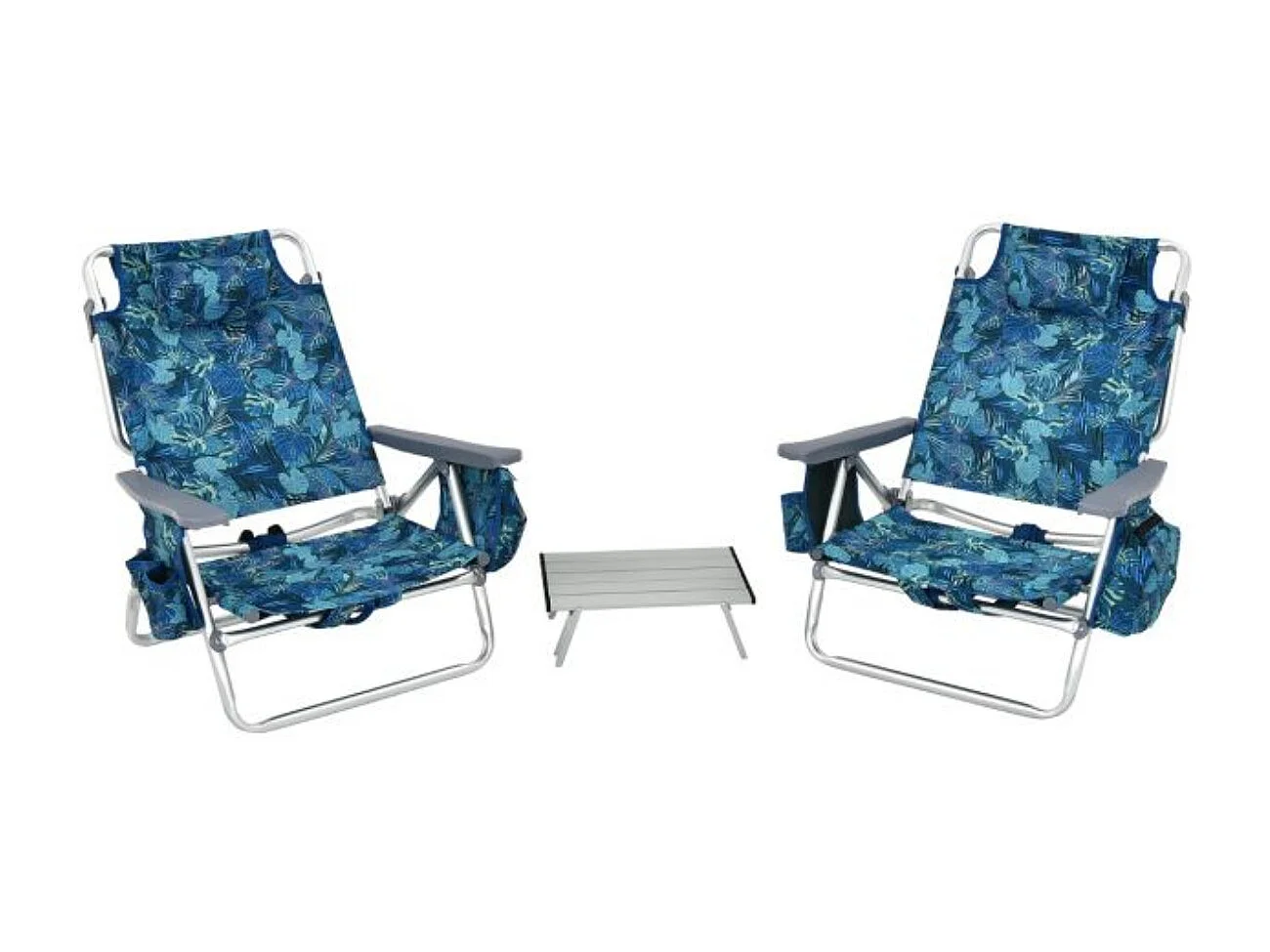 Lot de 2 Chaises de Plage Pliante avec Table Enroulable en Aluminium, Fauteuil de Jardin Inclinables à 5 Positions Charge Max 136 KG (Jaune+Bleu)