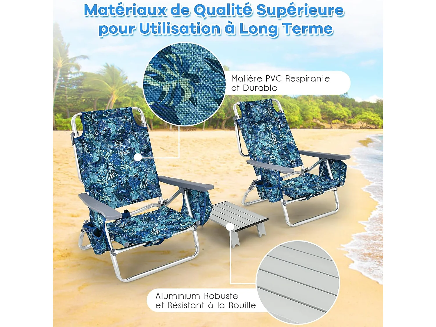 Lot de 2 Chaises de Plage Pliante avec Table Enroulable en Aluminium, Fauteuil de Jardin Inclinables à 5 Positions Charge Max 136 KG (Jaune+Bleu)