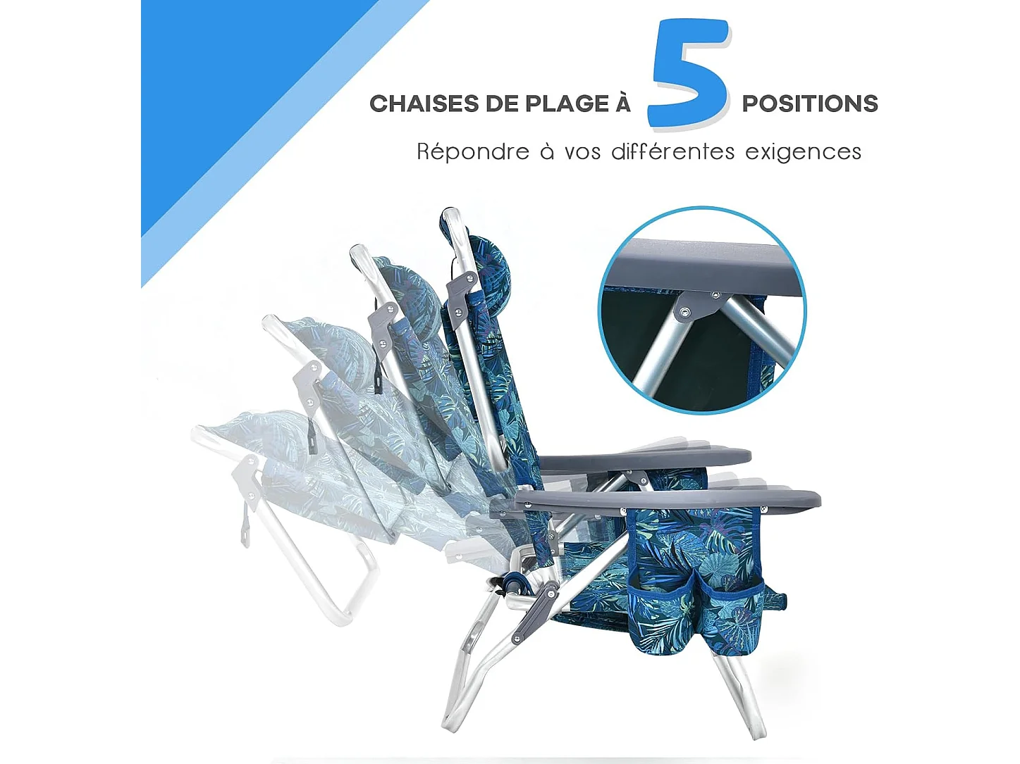 Lot de 2 Chaises de Plage Pliante avec Table Enroulable en Aluminium, Fauteuil de Jardin Inclinables à 5 Positions Charge Max 136 KG (Jaune+Bleu)