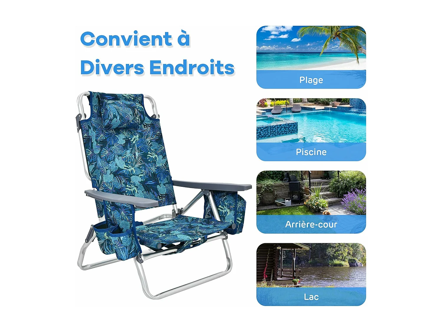 Lot de 2 Chaises de Plage Pliante avec Table Enroulable en Aluminium, Fauteuil de Jardin Inclinables à 5 Positions Charge Max 136 KG (Jaune+Bleu)