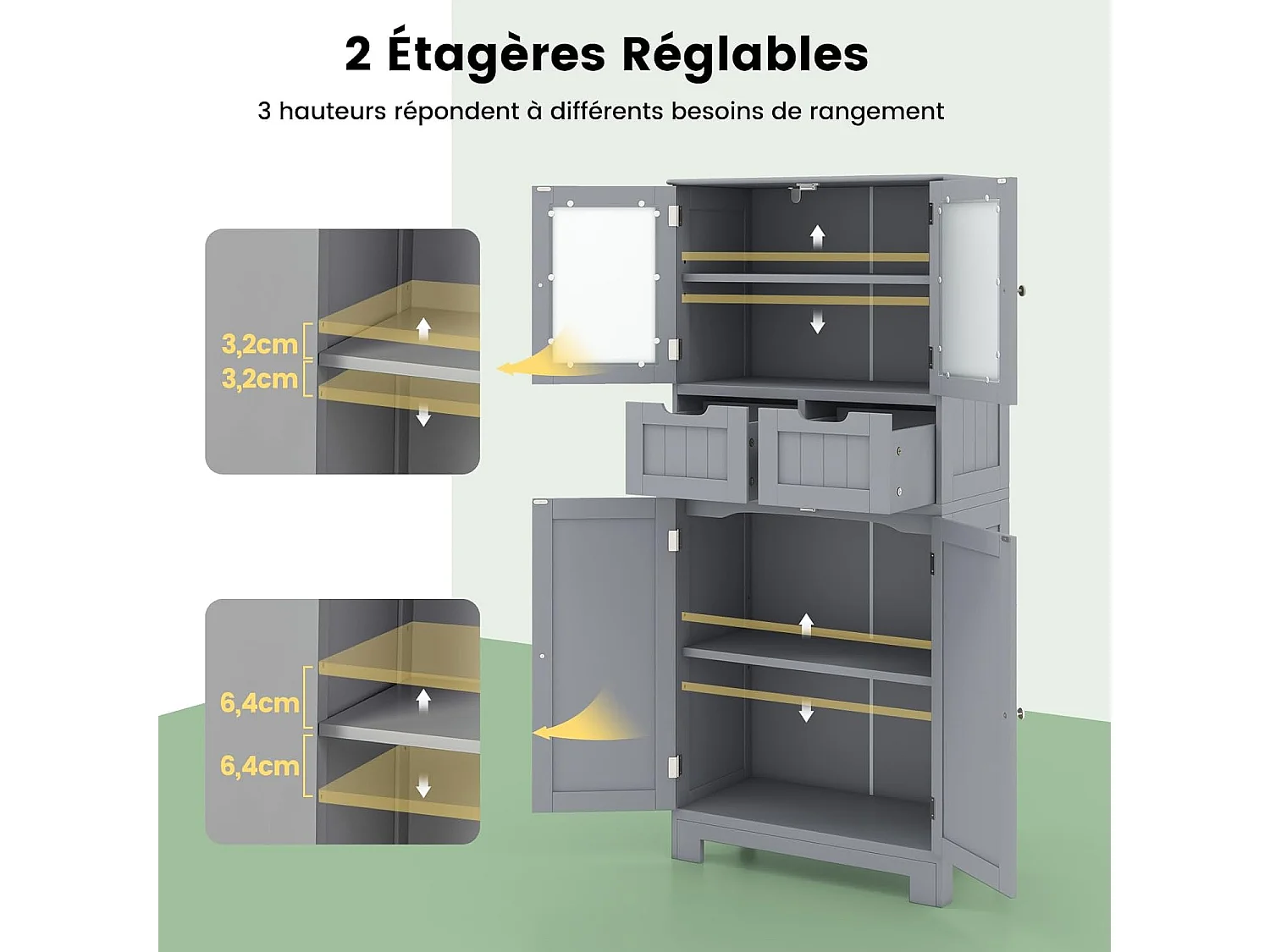 Meuble de Salle de Bain à 4 Portes 2 Tiroirs, Colonne Salle de Bain Armoire Haute avec Étagères Réglables pour Salon, Cuisine, 30 x 60 x 128 cm, Gris
