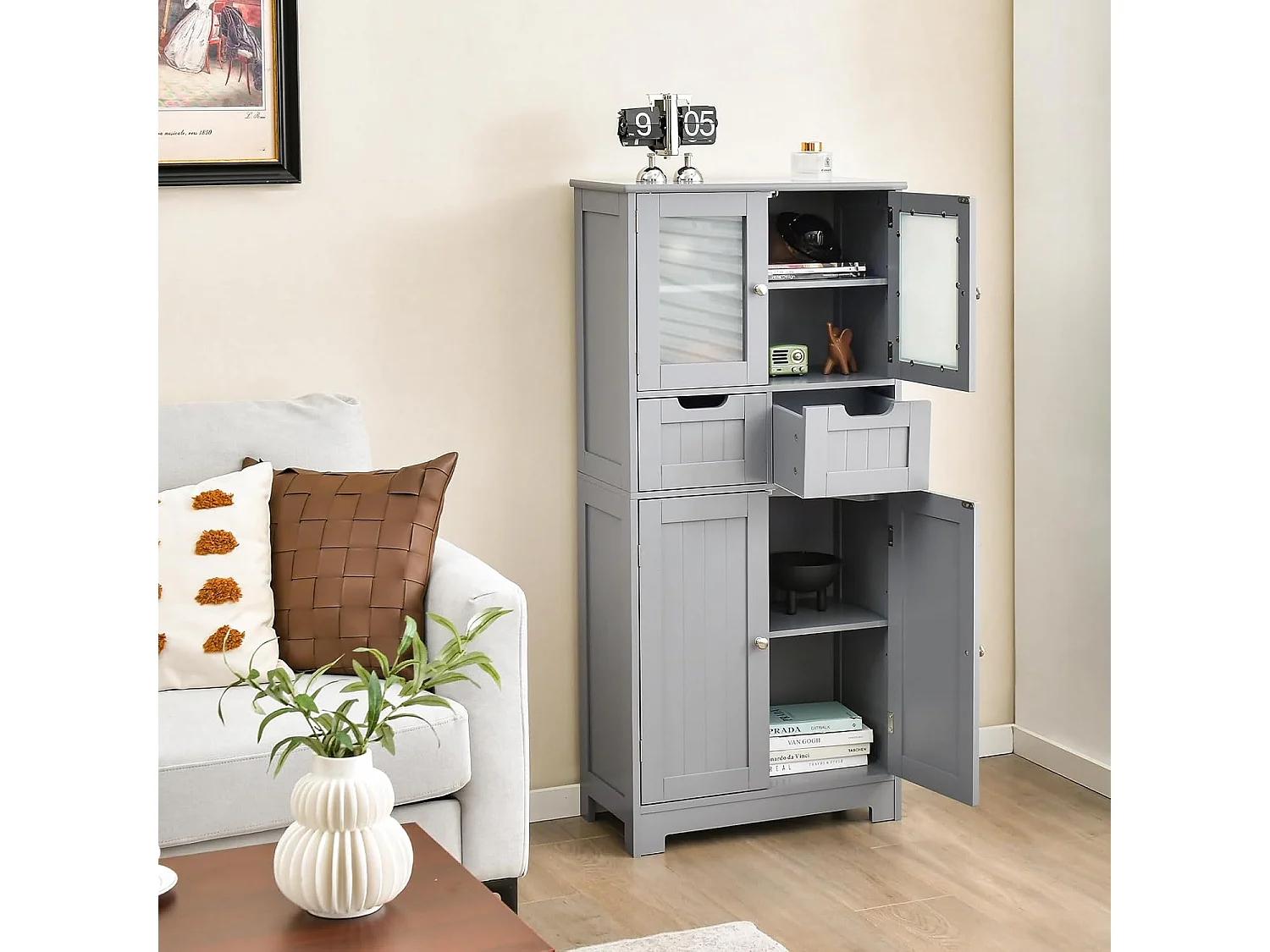 Meuble de Salle de Bain à 4 Portes 2 Tiroirs, Colonne Salle de Bain Armoire Haute avec Étagères Réglables pour Salon, Cuisine, 30 x 60 x 128 cm, Gris