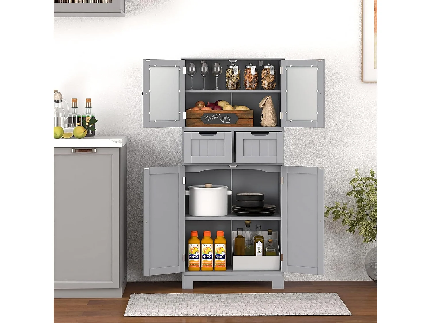 Meuble de Salle de Bain à 4 Portes 2 Tiroirs, Colonne Salle de Bain Armoire Haute avec Étagères Réglables pour Salon, Cuisine, 30 x 60 x 128 cm, Gris