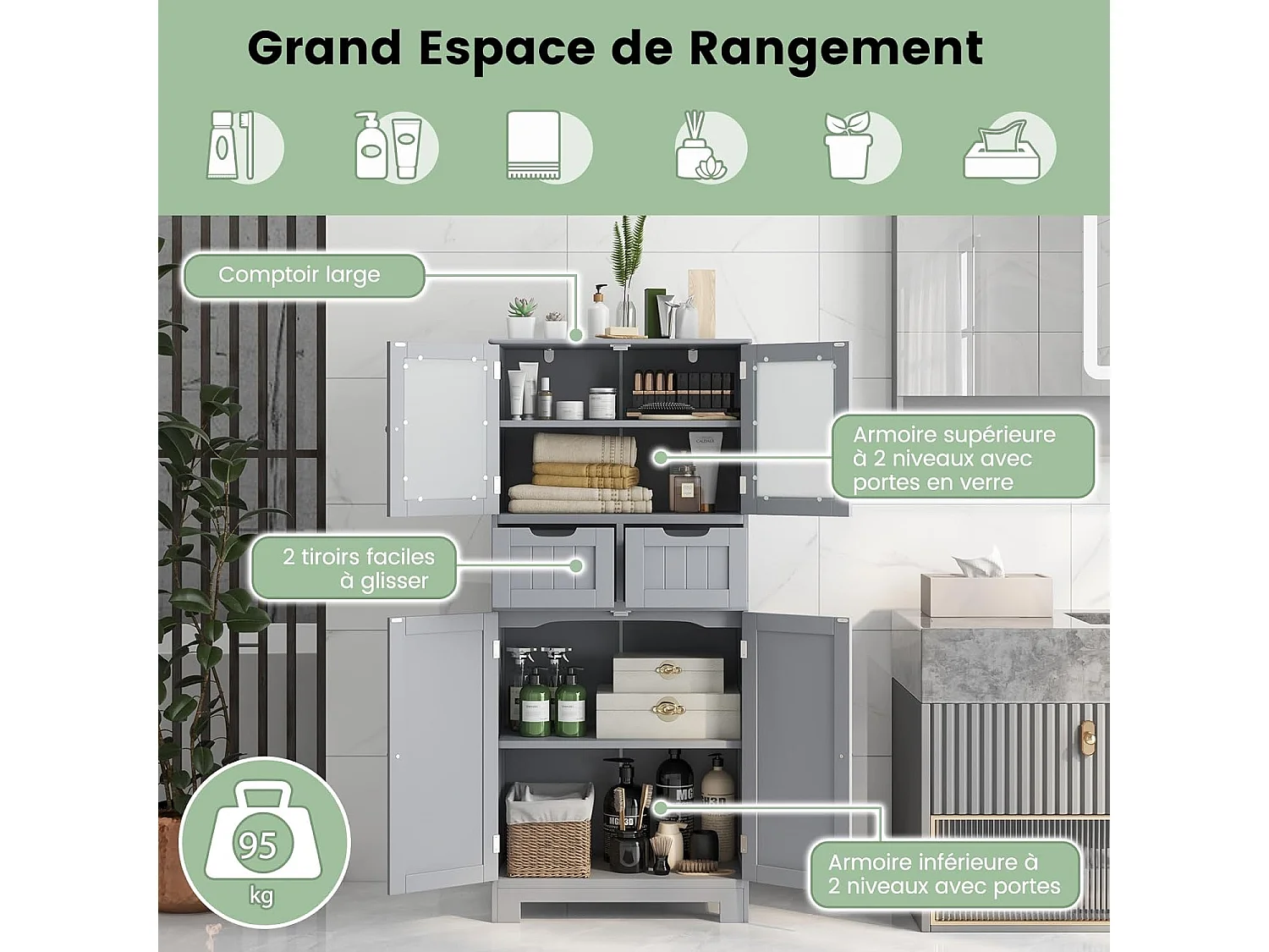 Meuble de Salle de Bain à 4 Portes 2 Tiroirs, Colonne Salle de Bain Armoire Haute avec Étagères Réglables pour Salon, Cuisine, 30 x 60 x 128 cm, Gris