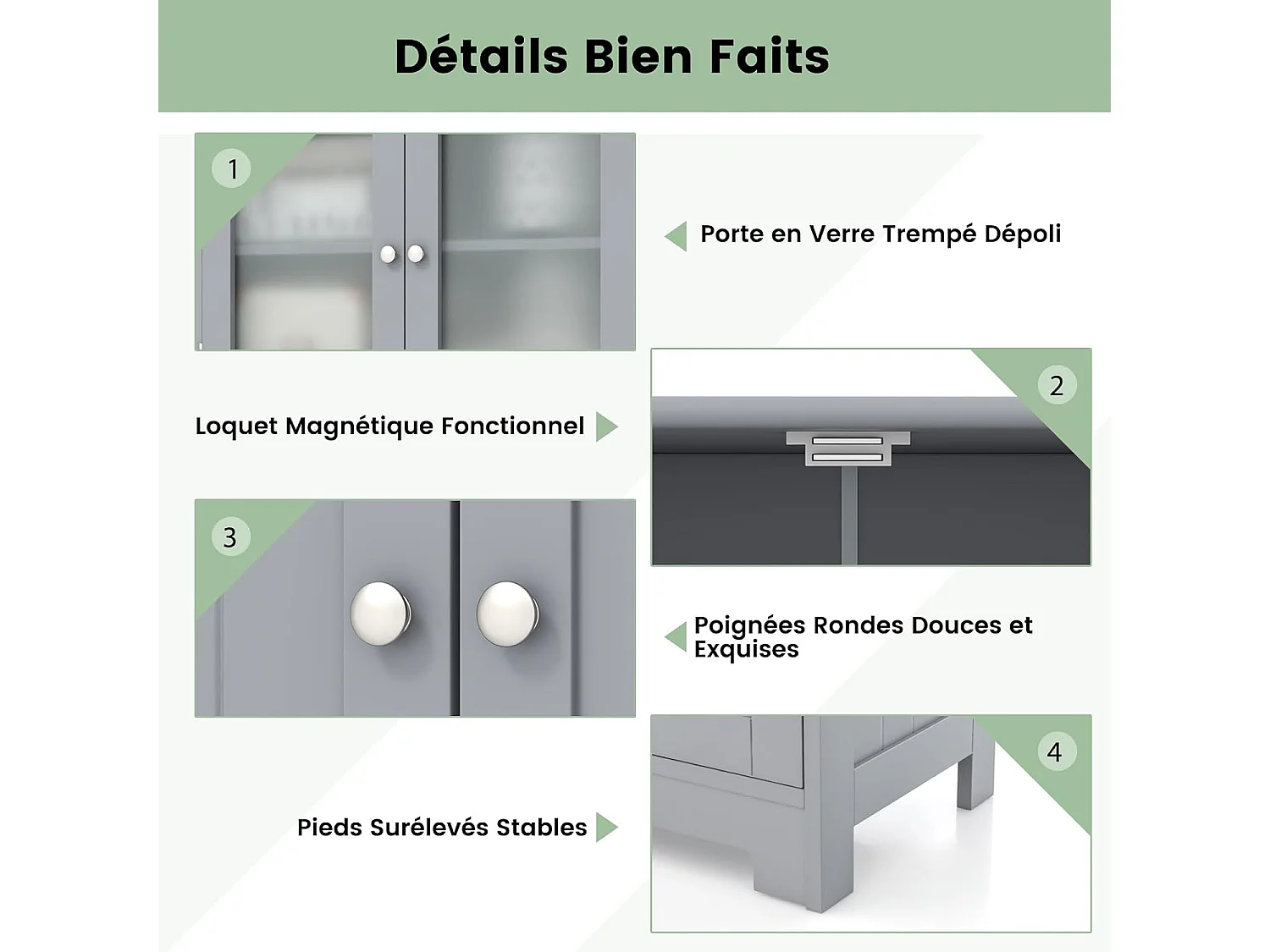 Meuble de Salle de Bain à 4 Portes 2 Tiroirs, Colonne Salle de Bain Armoire Haute avec Étagères Réglables pour Salon, Cuisine, 30 x 60 x 128 cm, Gris