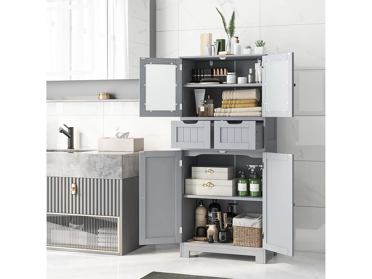 Meuble de Salle de Bain à 4 Portes 2 Tiroirs, Colonne Salle de Bain Armoire Haute avec Étagères Réglables pour Salon, Cuisine, 30 x 60 x 128 cm, Gris