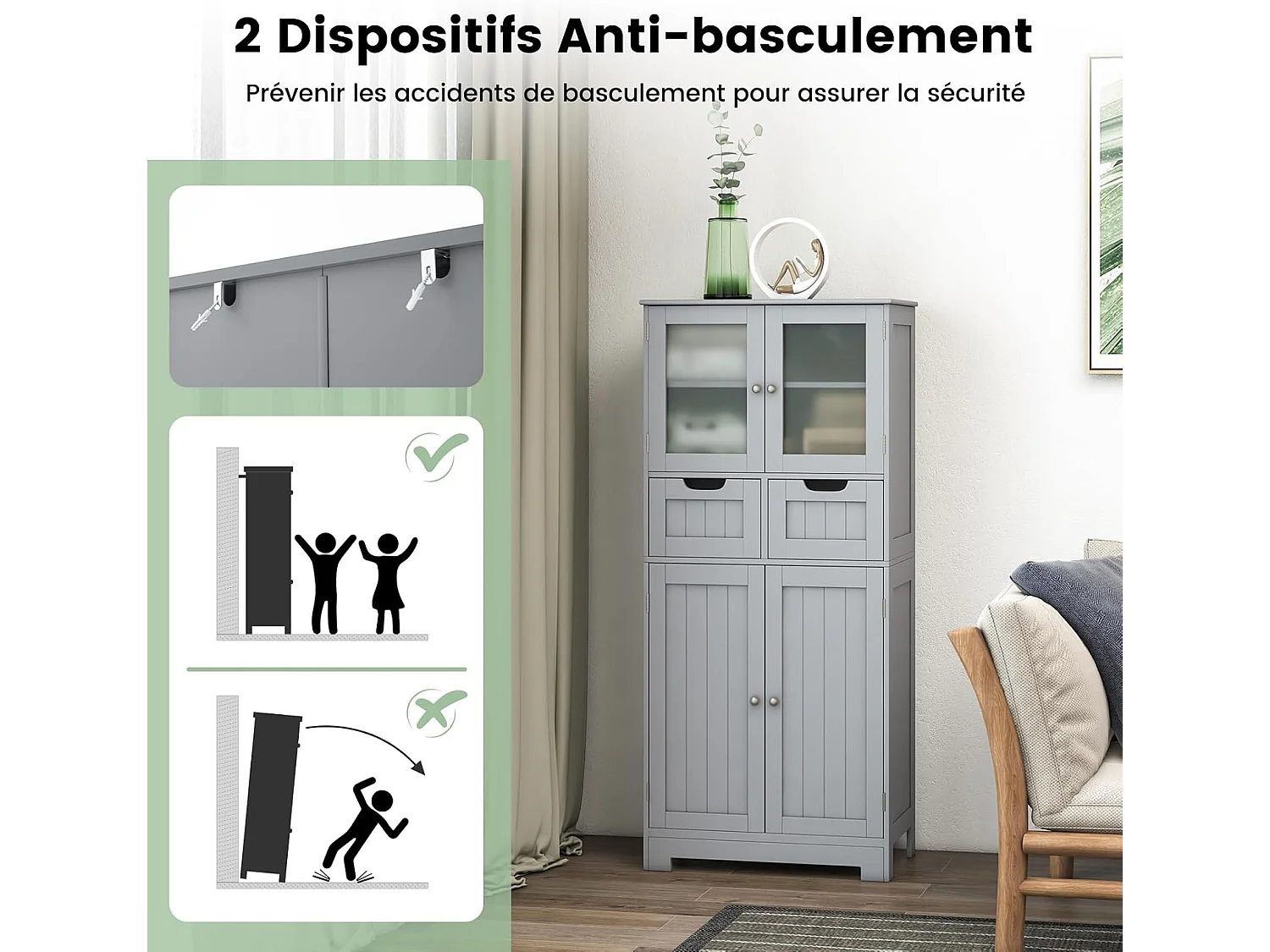 Meuble de Salle de Bain à 4 Portes 2 Tiroirs, Colonne Salle de Bain Armoire Haute avec Étagères Réglables pour Salon, Cuisine, 30 x 60 x 128 cm, Gris