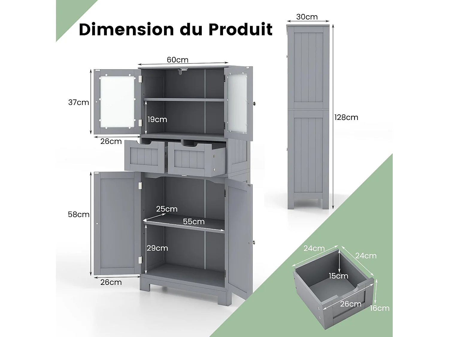 Meuble de Salle de Bain à 4 Portes 2 Tiroirs, Colonne Salle de Bain Armoire Haute avec Étagères Réglables pour Salon, Cuisine, 30 x 60 x 128 cm, Gris