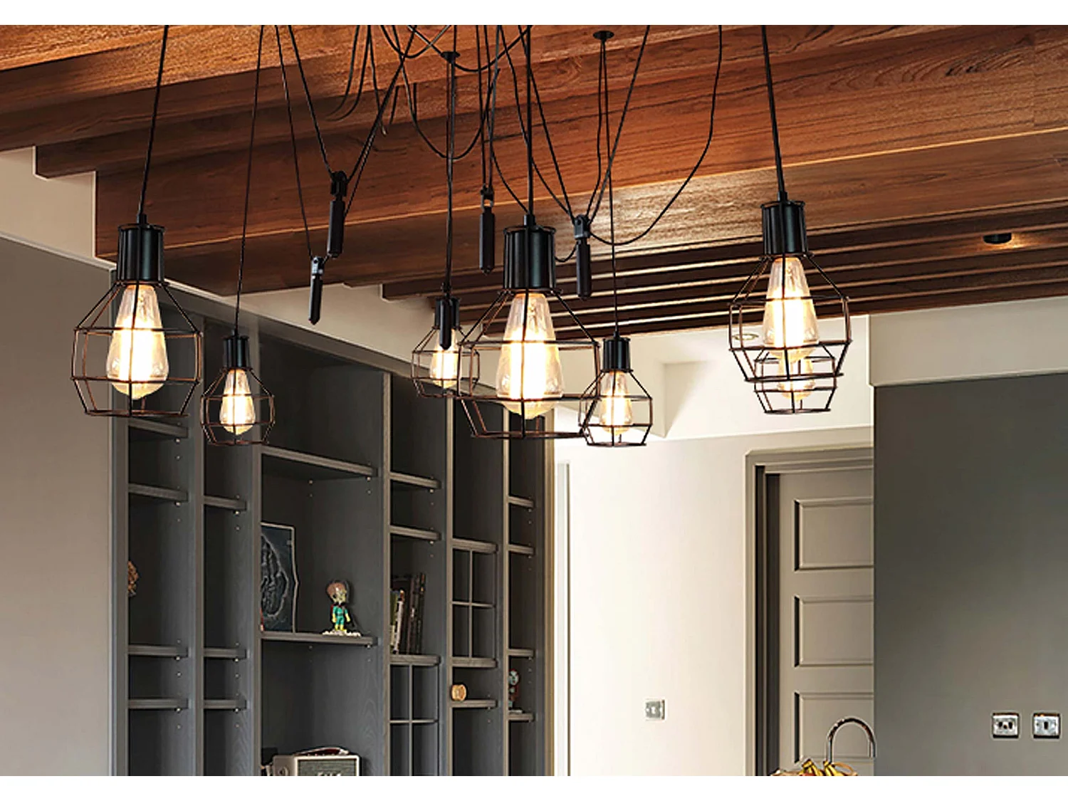 Suspension lampe suspendue lampe suspendue hauteur réglable en métal industriel noir 7x abat-jour en treillis 04_0004053