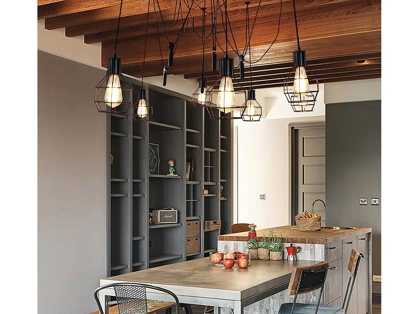 Suspension lampe suspendue lampe suspendue hauteur réglable en métal industriel noir 7x abat-jour en treillis 04_0004053