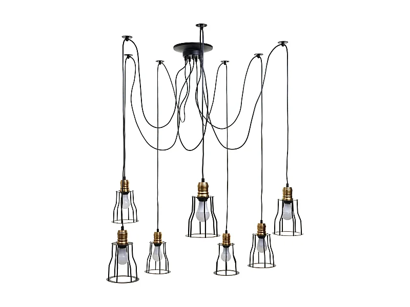 Suspension lampe suspendue lustre hauteur réglable en métal style industriel noir 7x abat-jour cage 04_0004043
