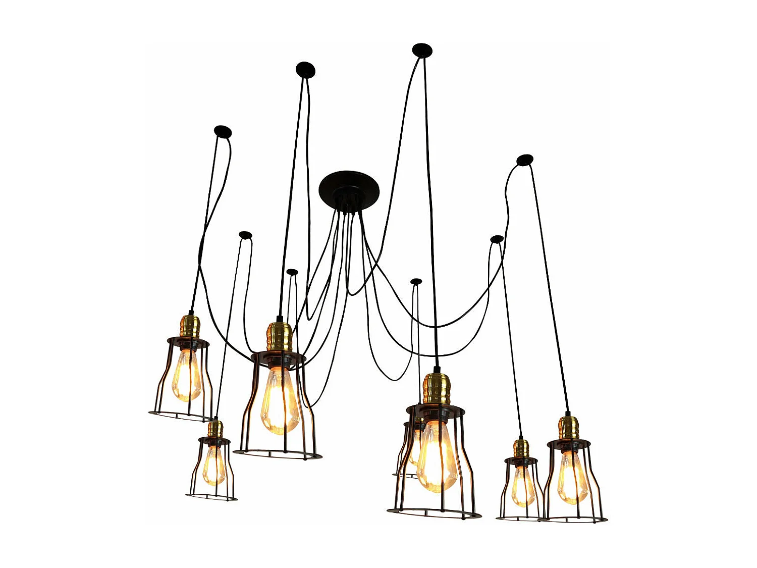 Suspension lampe suspendue lustre hauteur réglable en métal style industriel noir 7x abat-jour cage 04_0004043