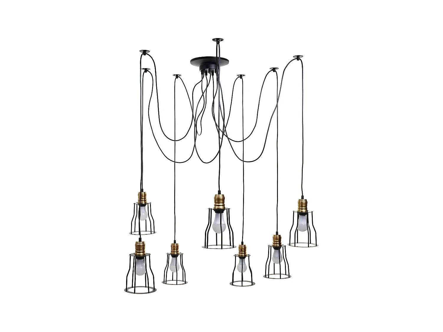 Suspension lampe suspendue lustre hauteur réglable en métal style industriel noir 7x abat-jour cage 04_0004043