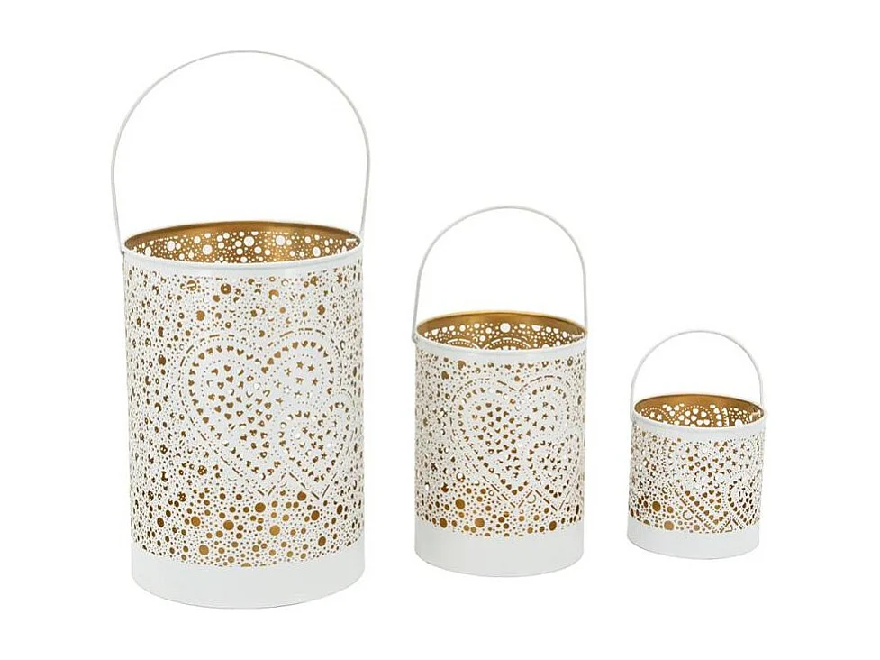 Photophore en métal laqué blanc Coeur lot de 3 Rondes