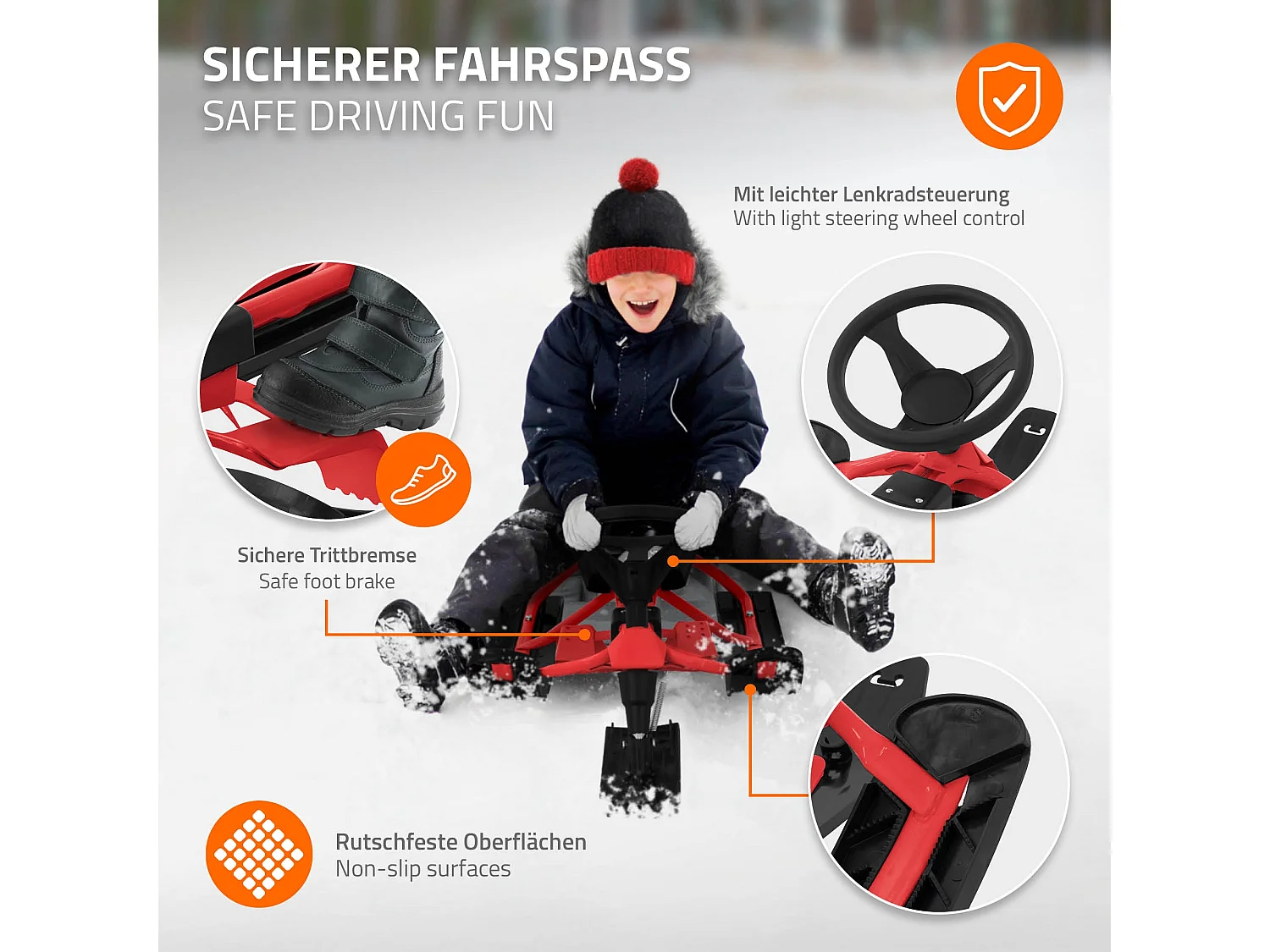 Trineo de nieve rojo con volante y freno de pie deslizador infantil hasta 90kg