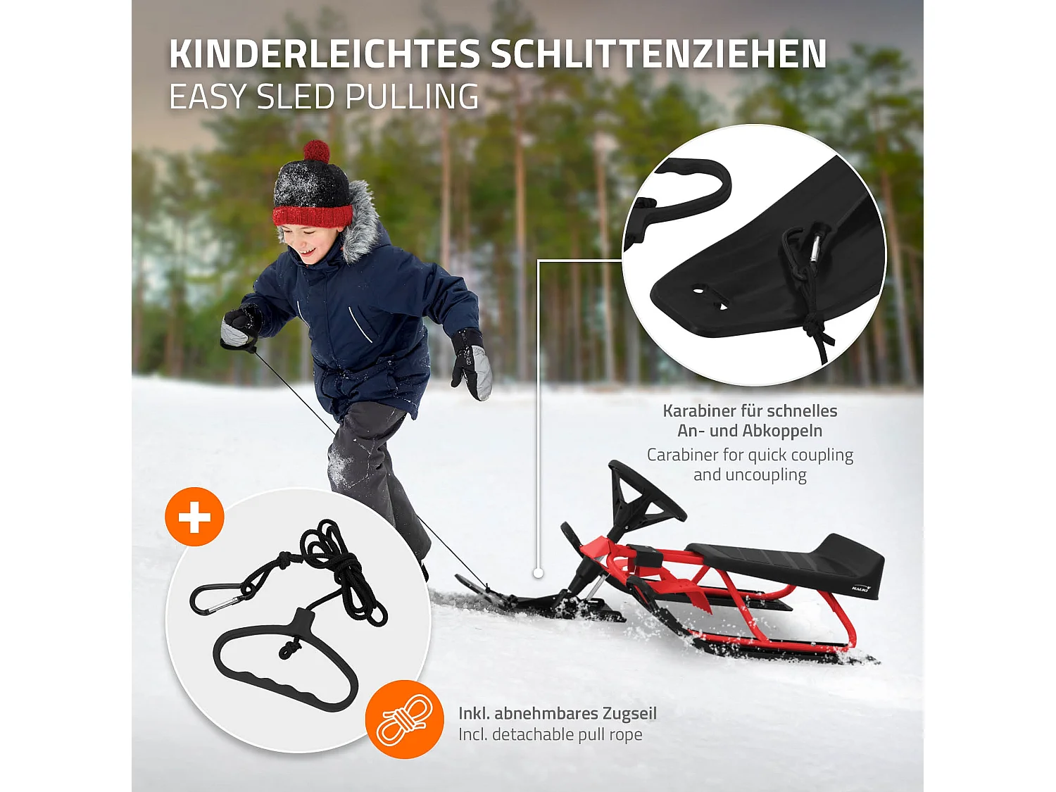 Trineo de nieve rojo con volante y freno de pie deslizador infantil hasta 90kg