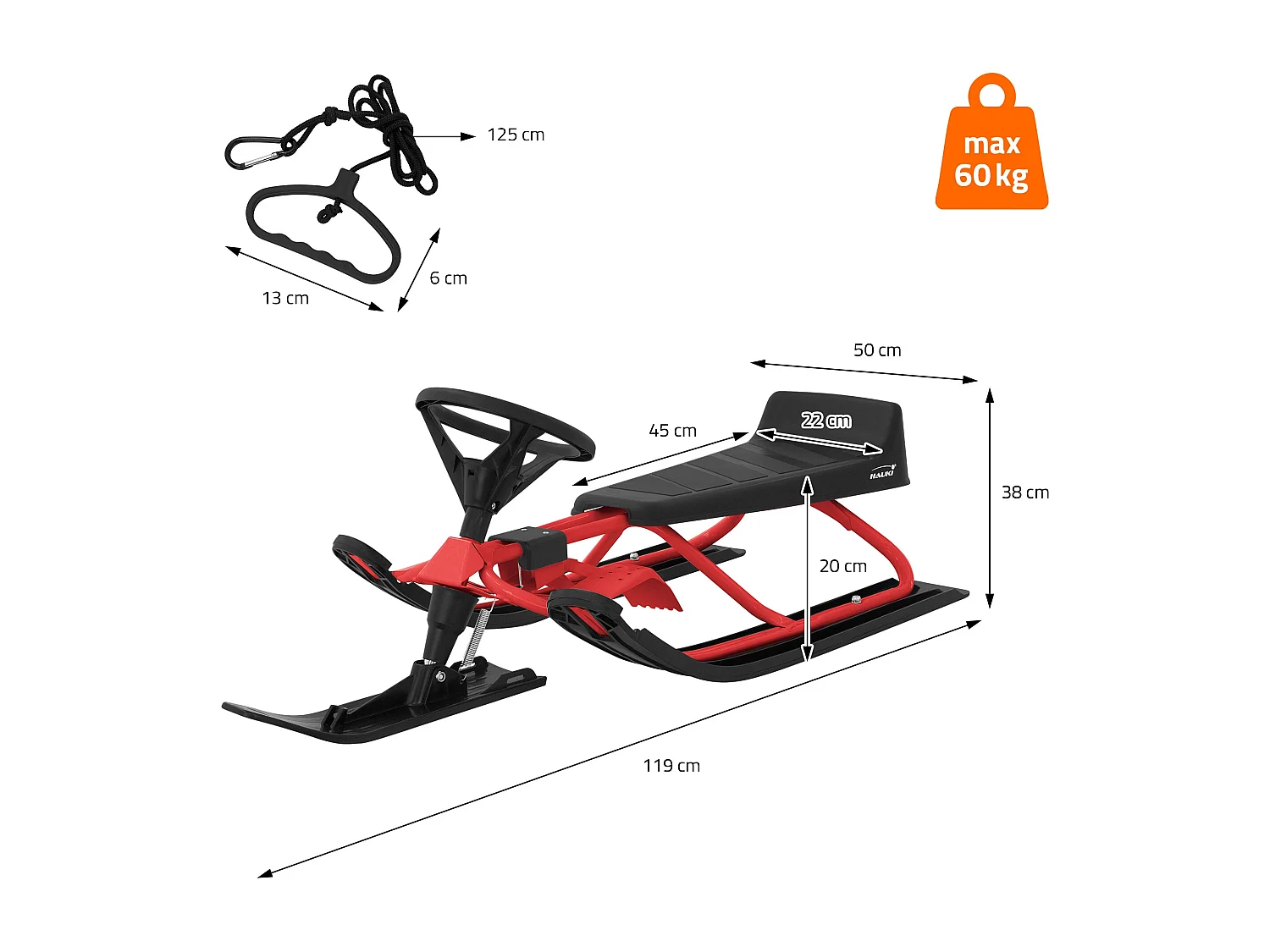 Trineo de nieve rojo con volante y freno de pie deslizador infantil hasta 90kg