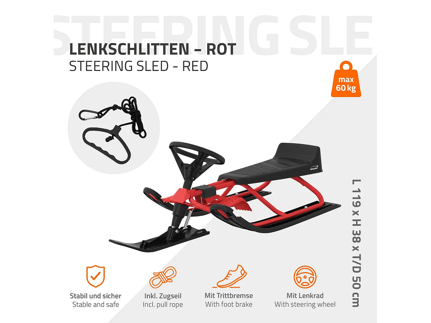 Trineo de nieve rojo con volante y freno de pie deslizador infantil hasta 90kg