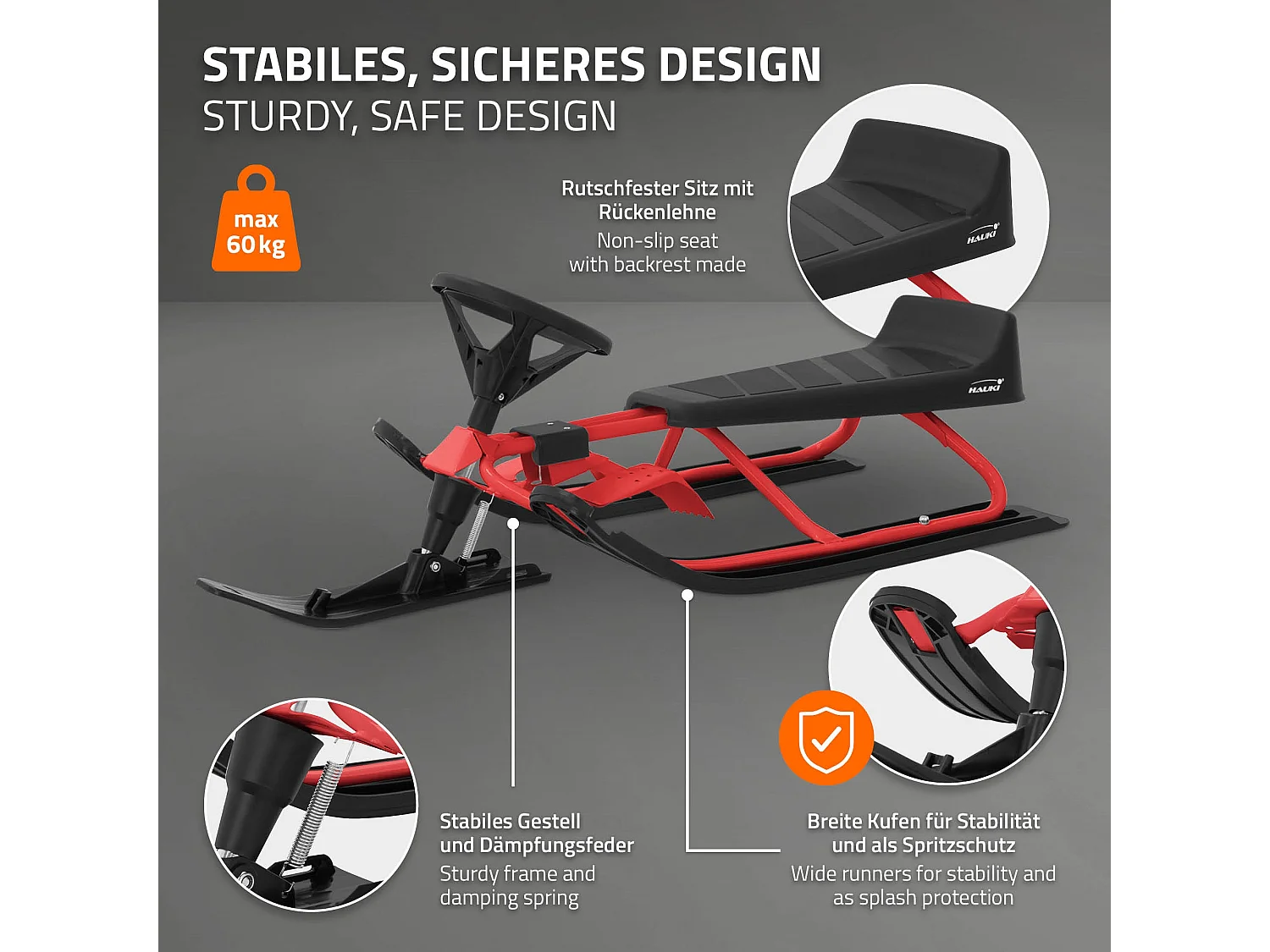 Trineo de nieve rojo con volante y freno de pie deslizador infantil hasta 90kg