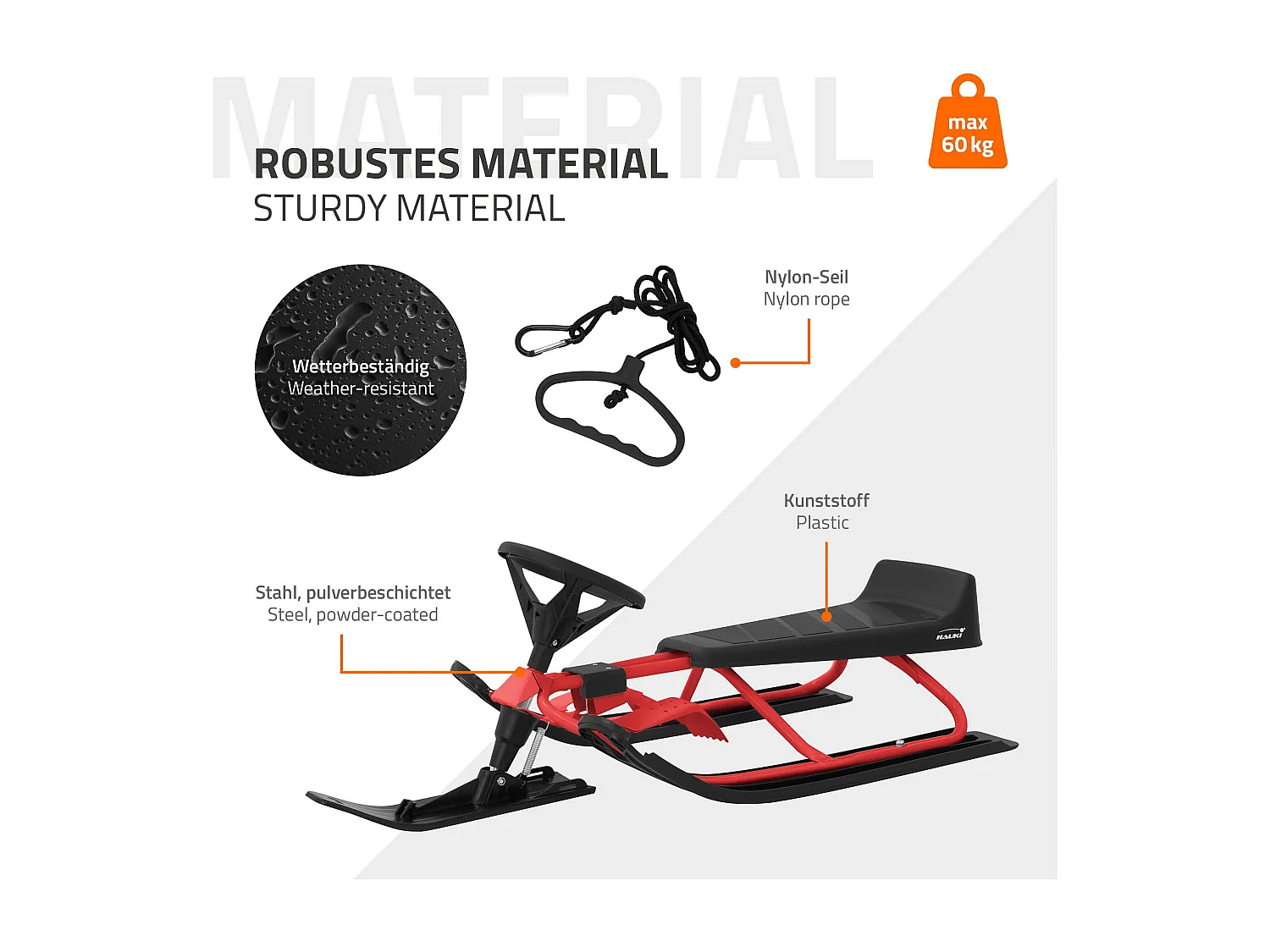 Trineo de nieve rojo con volante y freno de pie deslizador infantil hasta 90kg