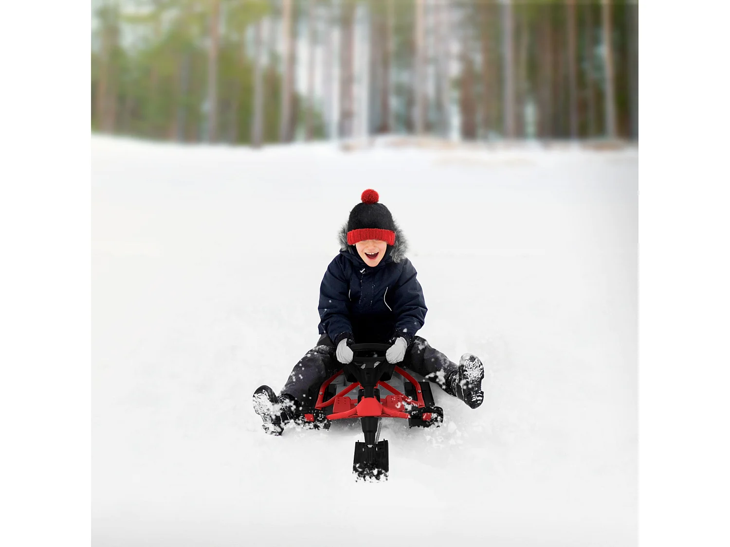 Trineo de nieve rojo con volante y freno de pie deslizador infantil hasta 90kg