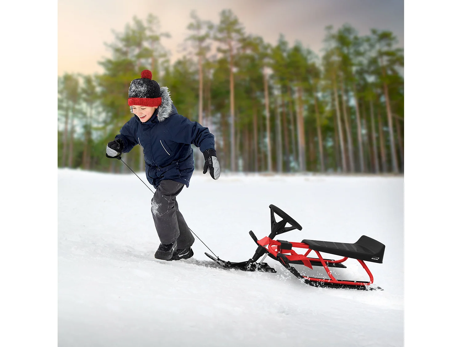 Trineo de nieve rojo con volante y freno de pie deslizador infantil hasta 90kg