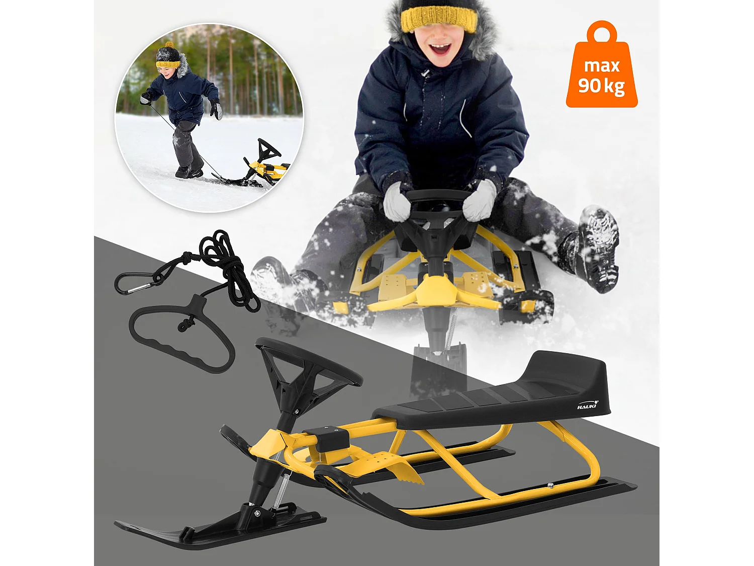 Slitta da neve sterzante bambini bob con volante da corsa giallo peso max 90 kg