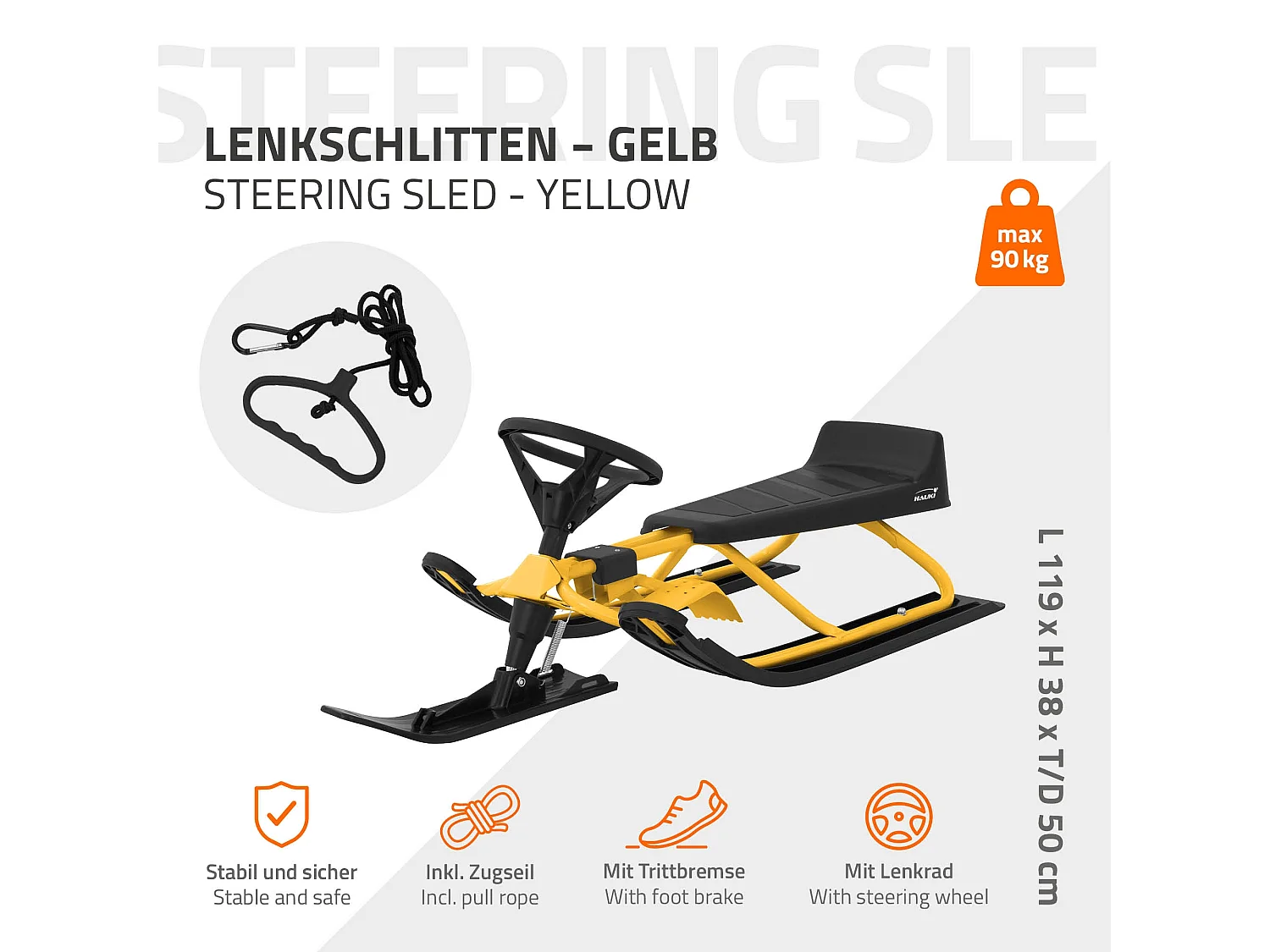 Slitta da neve sterzante bambini bob con volante da corsa giallo peso max 90 kg