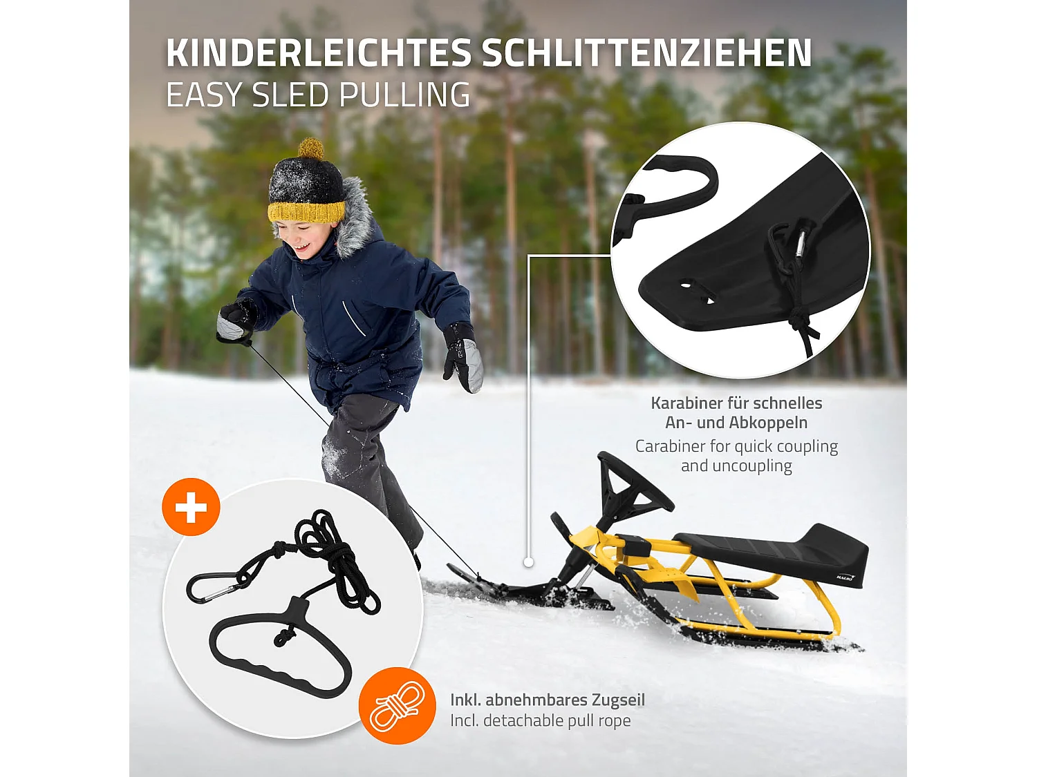 Slitta da neve sterzante bambini bob con volante da corsa giallo peso max 90 kg