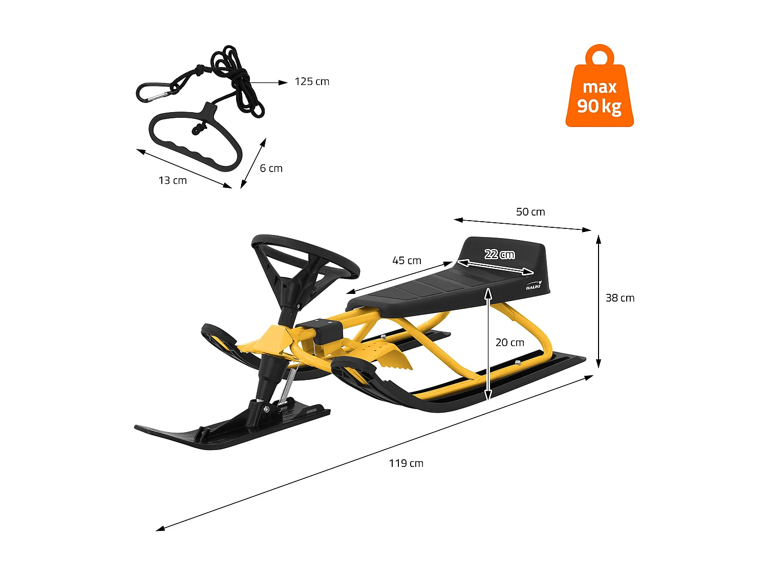 Slitta da neve sterzante bambini bob con volante da corsa giallo peso max 90 kg