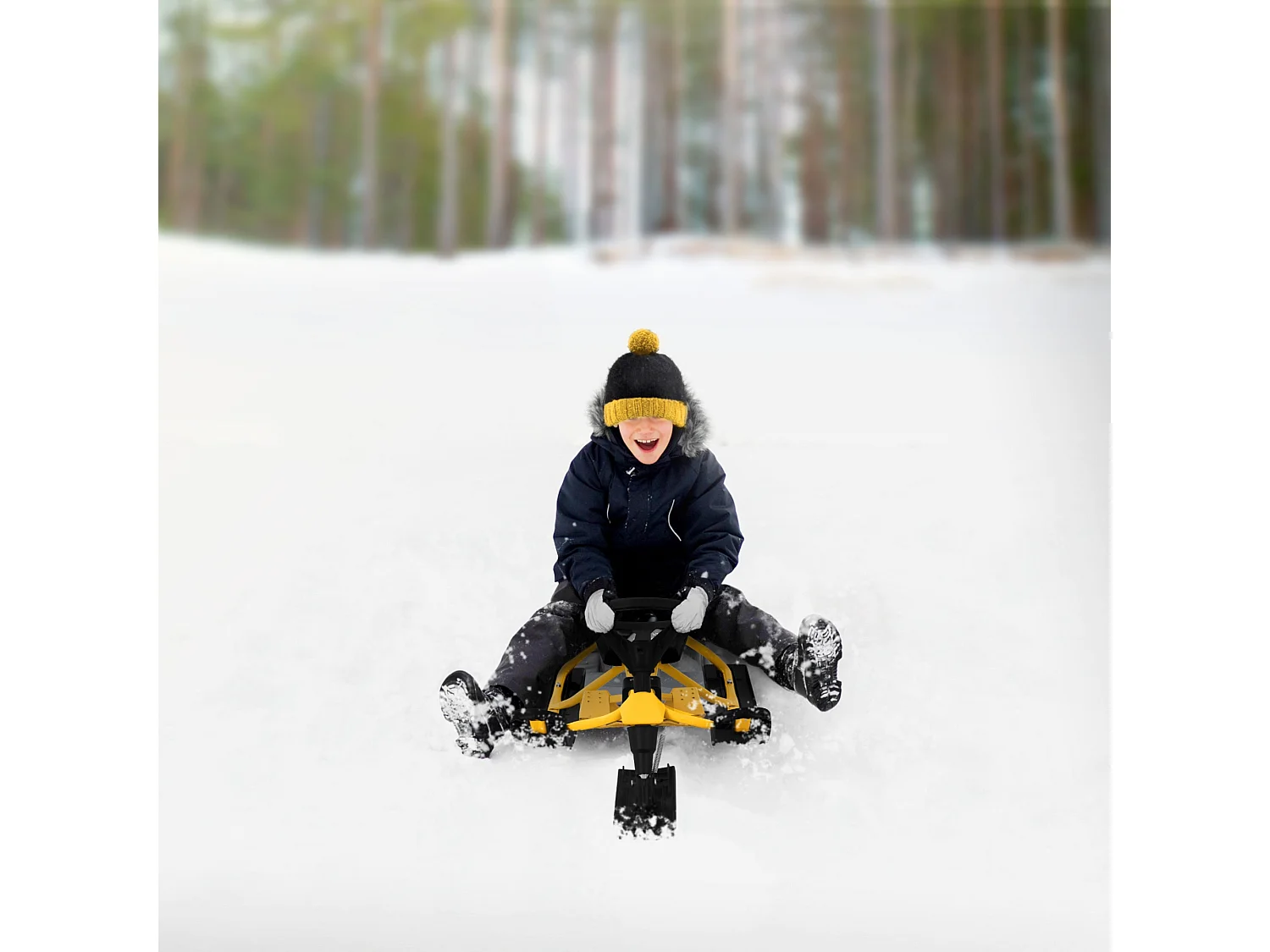 Slitta da neve sterzante bambini bob con volante da corsa giallo peso max 90 kg