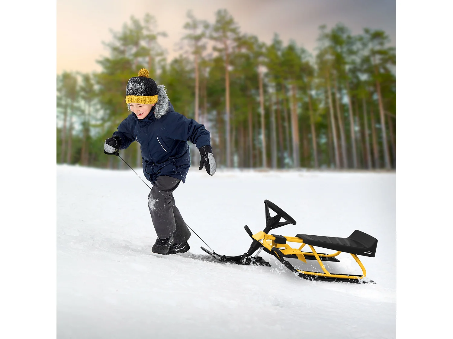 Slitta da neve sterzante bambini bob con volante da corsa giallo peso max 90 kg