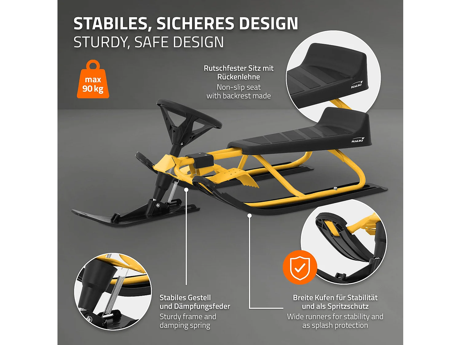 Trineo de nieve amarillo volante y freno de pie deslizador infantil hasta 90kg