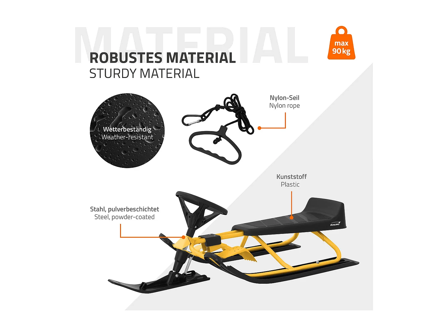 Trineo de nieve amarillo volante y freno de pie deslizador infantil hasta 90kg