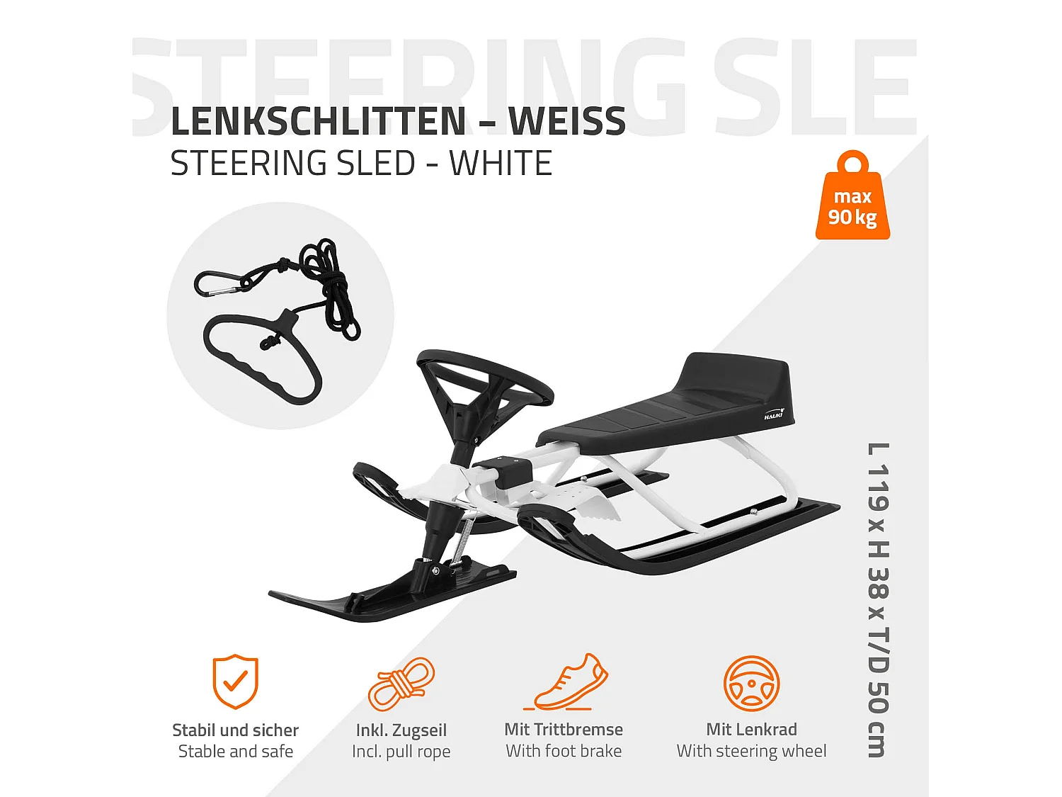 Trineo de nieve carro con volante y freno de pie deslizador infantil hasta 90kg