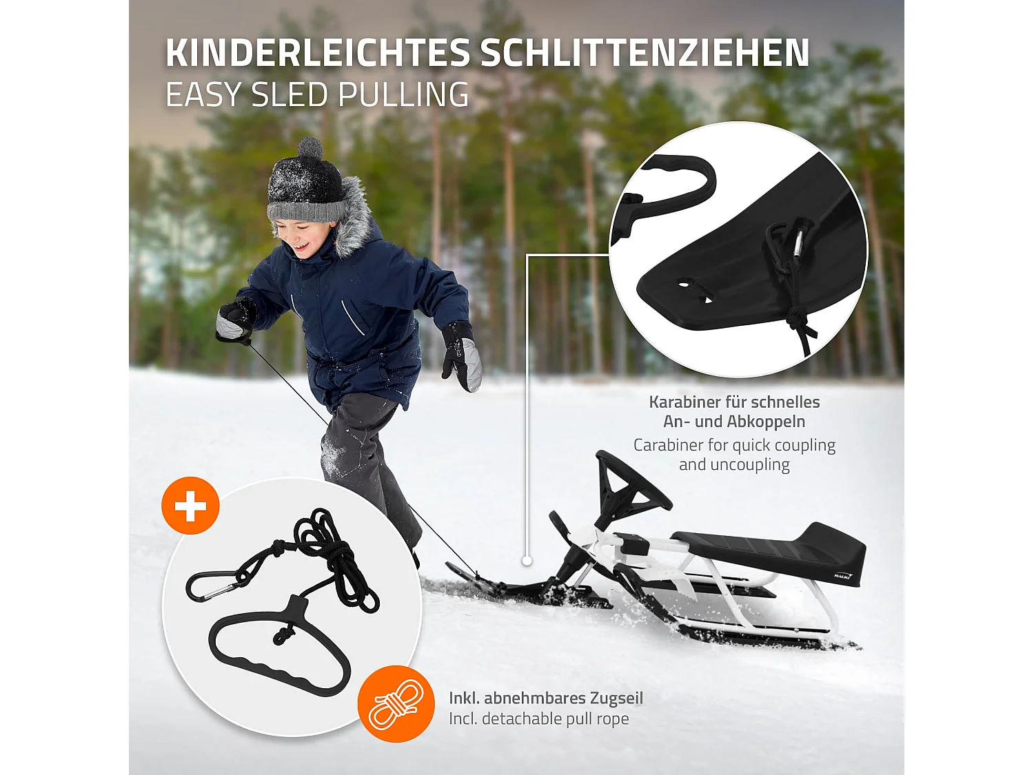 Trineo de nieve carro con volante y freno de pie deslizador infantil hasta 90kg