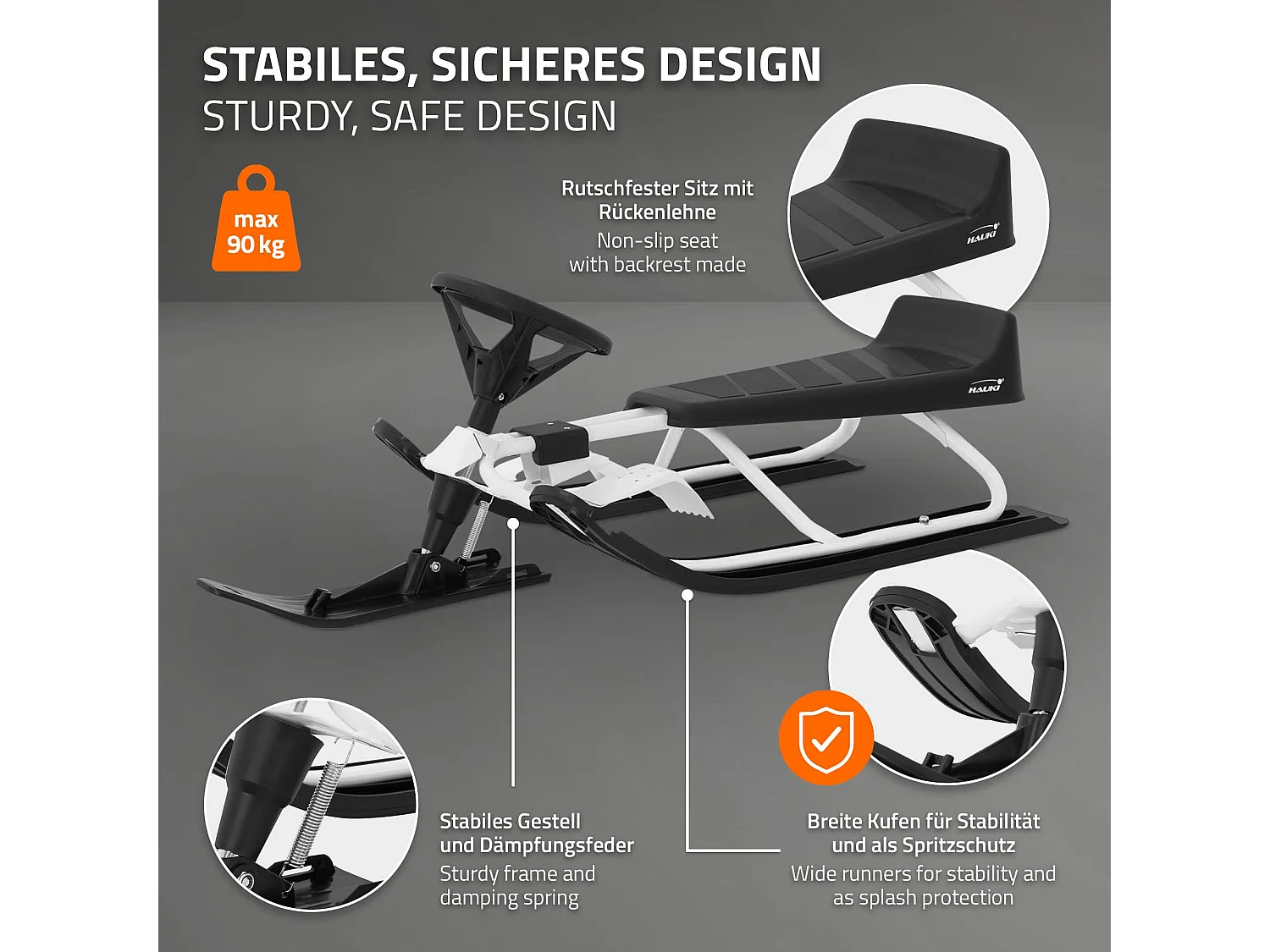 Trineo de nieve carro con volante y freno de pie deslizador infantil hasta 90kg
