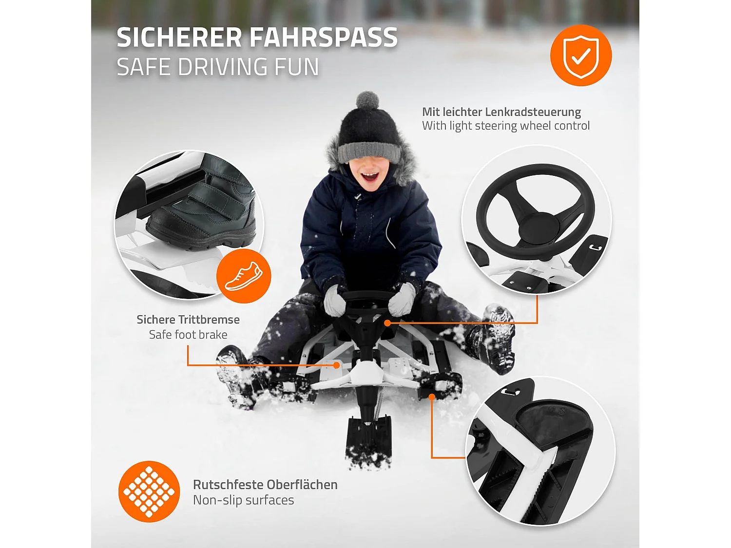 Trineo de nieve carro con volante y freno de pie deslizador infantil hasta 90kg