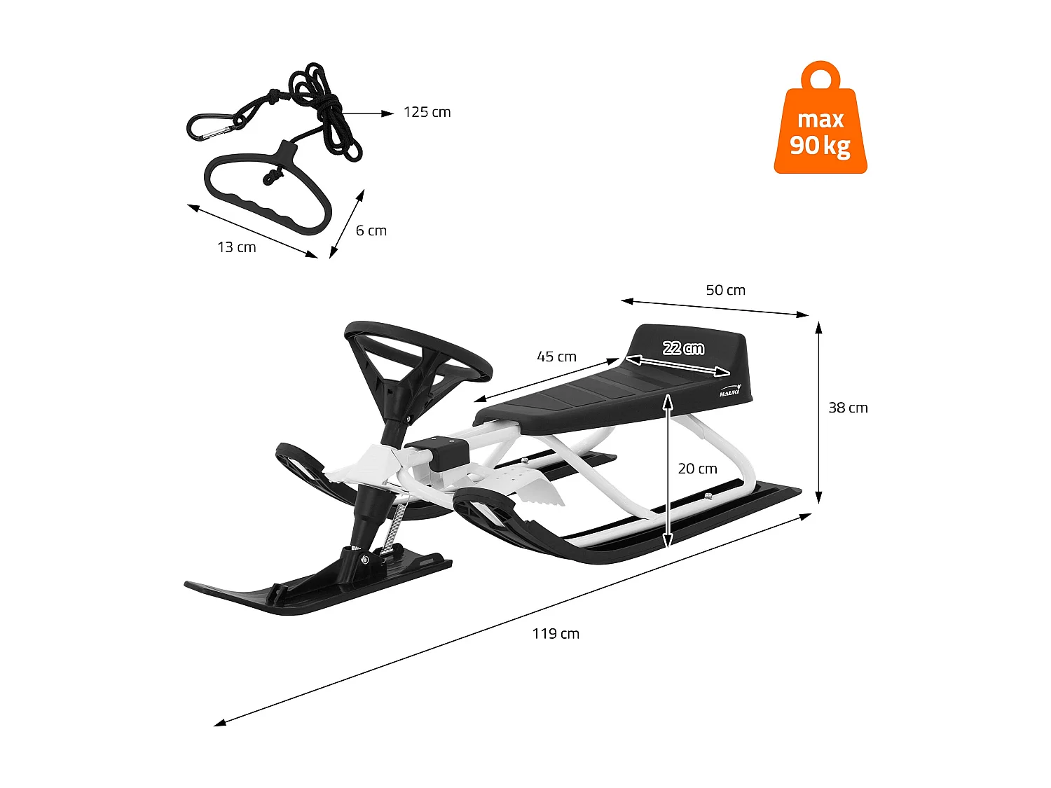 Trineo de nieve carro con volante y freno de pie deslizador infantil hasta 90kg