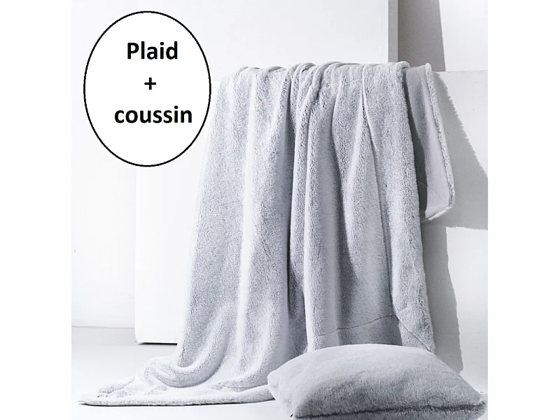Set de plaid + coussin assorti en tissu peluche - Gris acier - 125 x 150 cm