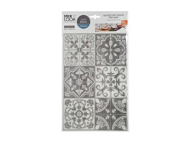 Stickers effet carreaux de ciment - 2 plaques de 6x4 mini carreaux - Fond gris