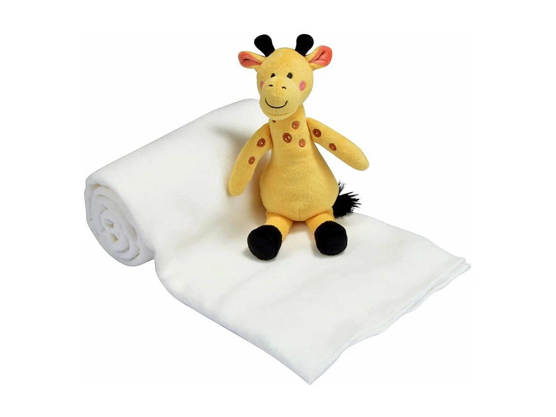 Doudou girafe avec plaid tout doux - Blanc et jaune - 100 x 80 cm - Gamme Savane