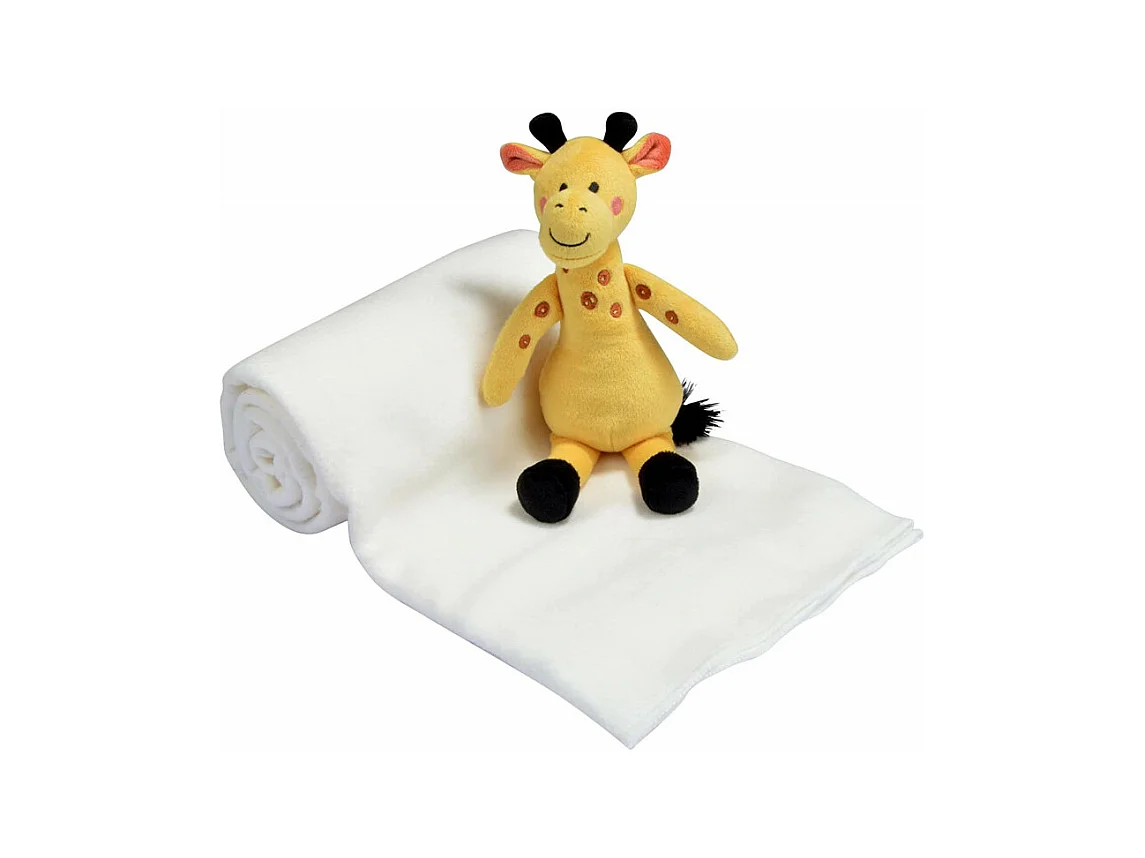 Doudou girafe avec plaid tout doux - Blanc et jaune - 100 x 80 cm - Gamme Savane