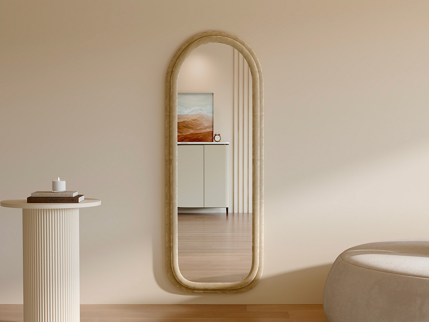 Specchio ad arco in velluto, L. 60 x H. 160 cm, Crema RISALI