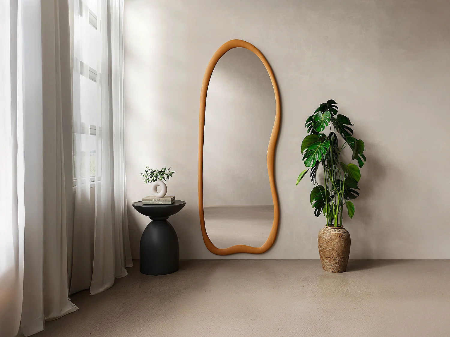 Grand miroir mural organique en bois de pin - L. 68 x H. 178 cm - Naturel - HARVIL